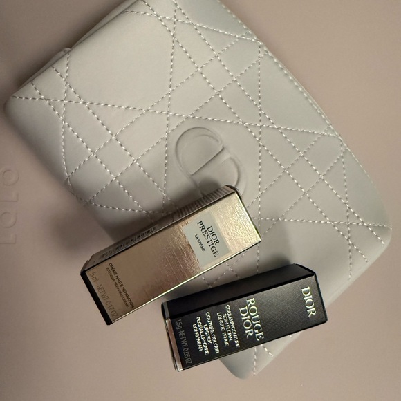 Dior Quilted White Clutch with Rouge Dior Lipstick and Dior Prestige